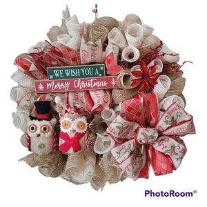 We Wish You a Merry Christmas Two Owls Wreath Handmade